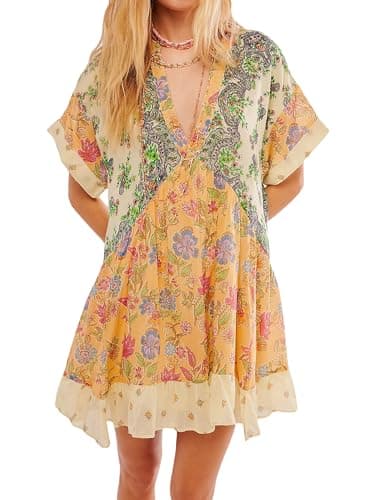 Image of Acrawnni Women Summer Bohemian Floral Mini Dress Boho Floral Print Short Sleeve V-Neck Flowy Dress Babydoll Short Beach Dress with Pockets (A-Yellow, S)
