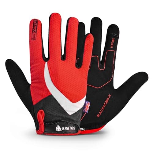 Image of Kratos Cycling Gloves for Men and Women, Shock Absorbing Gel Padded Mountain Bike Gloves - Anti Slip & Breathable MTB Gloves with Adjustable Hook and Loop Fastening (Red (Full Finger), M)