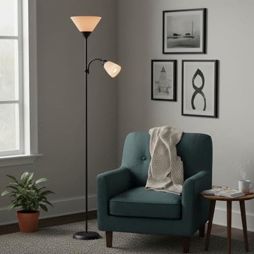 Image of BURAKH Adjustable High Brightness Floor Lamp with 2 Reading Lights for Living Rooms, Bedrooms – Replace Halogen Standing Lamps with Efficient LED Office Lighting - Tall Pole (Black)