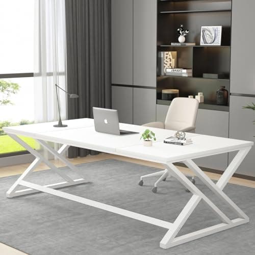 Image of LVB White Long Computer Desk, Modern Large Wood Metal Office Desk, Farmhouse Pc Study Work Writing Desk for Two Person, Rustic Double Workstation Executive Desk for Home Bedroom Living Room, 180cm