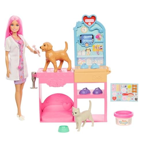 Image of Barbie Fast Cast Veterinarian Clinic Playset with Pink Colored Hair Fashion Doll, Vet Furniture & 10+ Accessories Including Molds & Dough for Bandages