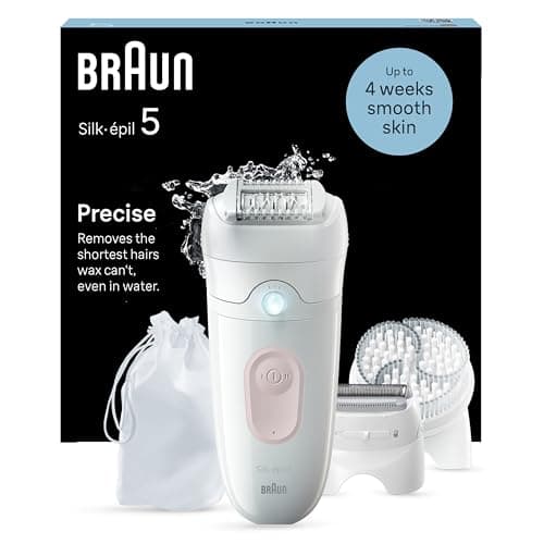 Image of Braun Silk-épil 5 Epilator, Easy Hair Removal for Women, Wet & Dry, Lasting Smooth Skin, with Lady Shaver, Trimmer Comb & Exfoliation Brush Heads, 5-060, White/Flamingo