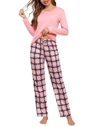 Image of Irdcomps Women's Pyjama Sets Cotton Long Sleeve Ladies Pjs Loungewear Soft 2 Pieces Sleepwear Nightwear Top and Plaid Bottom with Pocket Pink, XL