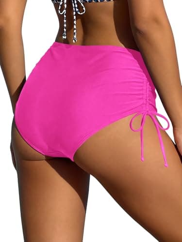 Image of SHEKINI Women's High Waisted Bikini Bottoms Tummy Control Ruched Swimsuit Bottom Side Tie Bathing Suit Swimwear Pink