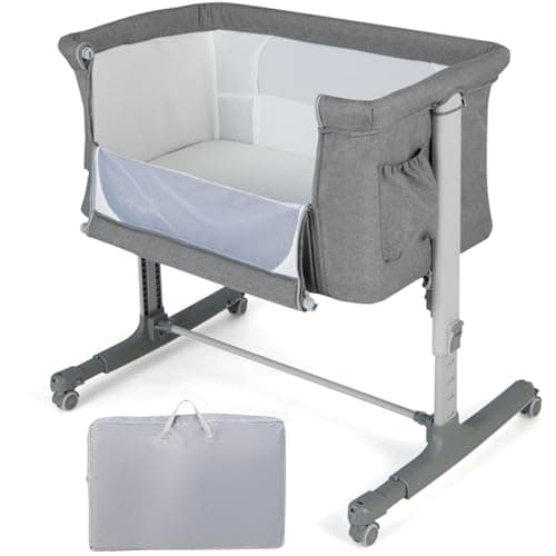 Image of COSTWAY 3-in-1 Baby Bedside Crib, Easy Folding Cot Bed with Mattress, Breathable Mesh Window, Lockable Wheels and Travel Bag, Height Adjustable Newborn Sleeper for Birth to 9kg (Light Grey)