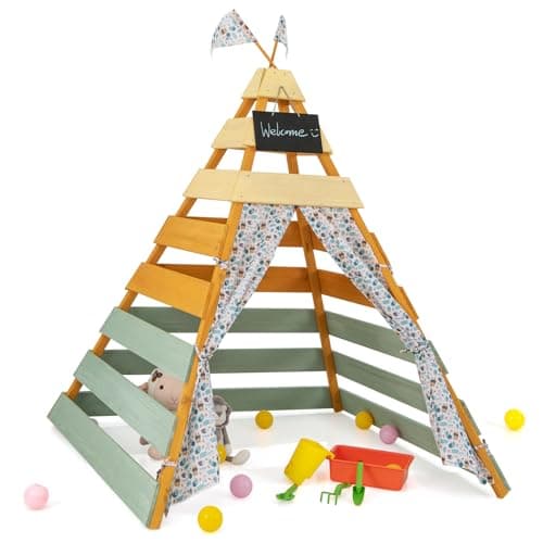 Image of COSTWAY Kids Teepee Tent, Wooden Play Tent with Washable Flags & Door Curtains, Detachable Chalkboard, Indoor Outdoor Playhouse Tents for Boys Girls