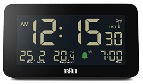 Image of Braun Digital Radio Controlled Alarm Clock For Central European Time Zone (DCF) with Date, Month and Temperature Displayed, Negative LCD Display, Crescendo Beep Alarm, Black, BC10B-DCF.