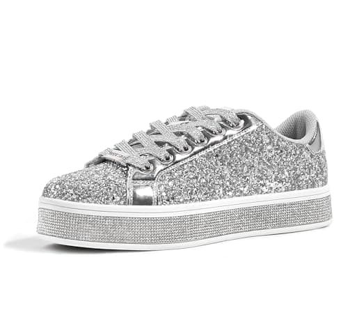 Image of LUCKY STEP Women's Platform Glitter Sneakers | Sparkly Bling Shiny Dressy Bedazzled Wedding Bridal Fashion Walking Shoes (Silver, 8.5US-39EU-6UK)