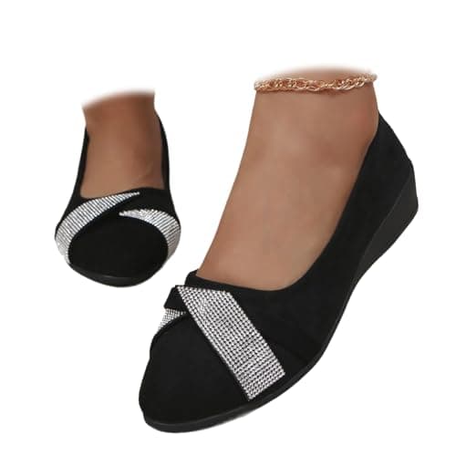 Image of Women's Comfortable Arch Support Wedge Slip-On Shoes, Lightweight Leather Shoes Low Heel Wedge Casual Work Ballerina Court Shoes (Black Rhinestones,6)
