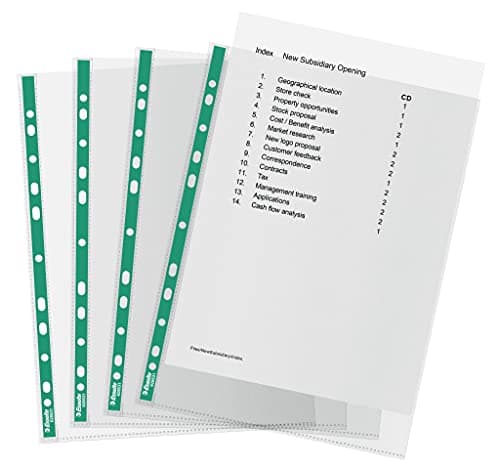 Image of Esselte A4 Punched Pockets, 100 x Poly Pockets, 34 Micron Thickness, Clear Embossed A4 Pockets With Punched Reinforced Green Spine, Ideal For Lever Arch Files & Ring Binders (Pack of 100), 628531