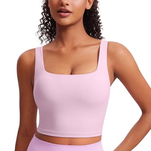 Image of CRZ YOGA Women's Butterluxe Square Neck Sports Bra Padded Wireless Crop Top Gym Workout Tank Tops Camisole with Built in Bra Vita Pink 10