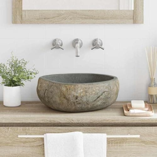 Image of Qnhdfrt Light Grey River Stone Bathroom Basin 45 x 35 x 15 cm Oval Hand-Crafted Small Sink for Modern & Rustic Bathroom Washbasin Indoor or Outdoor Use
