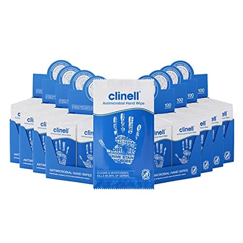 Image of Clinell Antimicrobial Hand Wipes - Pack of 8 - 100 Individually Wrapped Sachets per Pack (800 Wipes) - Sanitising Wipes, Ideal for Travel - Dermatologically Tested, Kills 99.99% of Germs