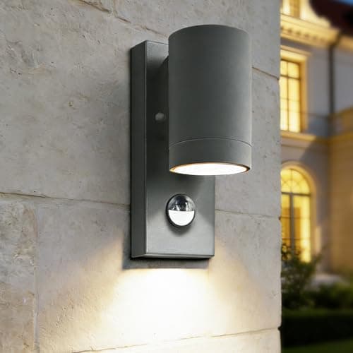 Image of PIR Outdoor Wall Lights,IP65 Waterproof Outside Wall Lights with Motion Sensor,Aluminium Outside Wall Sconce Mains Powered GU10,Exterior Wall Lamp for Front Door,Porch,Patio,Anthracite(Bulb Not incl.)