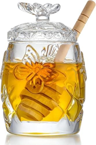 Image of H&D HYALINE & DORA Clear Crystal Honey Jar with Dipper and Lid, Honey Bee Pot, 4.5oz Glass Honey Pot for Home Kitchen
