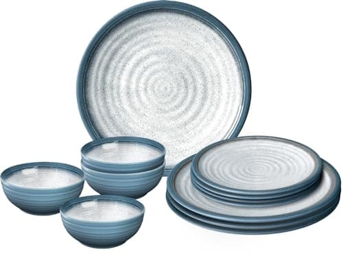 Image of Brunner Stonetouch Melamine Caravan Dinner Set, Anti Slip Outdoor Tableware Set, Lightweight Break Resistant Plates Bowls & Mugs - Camping, Motorhome, Picnic Dining Set (Tuscany, 12 Piece Set)
