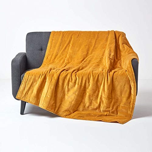 Image of HOMESCAPES Large Luxury Mustard Yellow Velvet Throw Super Soft Thick Cotton Velvet Blanket with Handwoven Embroidered Dots and Thick Quilting Cosy and Warm Bedspread Sofa or Bed Throw, 150 x 200 cm