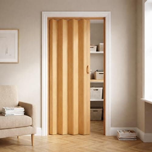 Image of NOVECRAFTO PVC Folding Door, 32 x 80 in – Smooth Glide, Magnetic Closure, Moisture-Resistant, Easy Installation, Space-Saving – Wood Effect Concertina Accordion Sliding Door (Brown Oak)