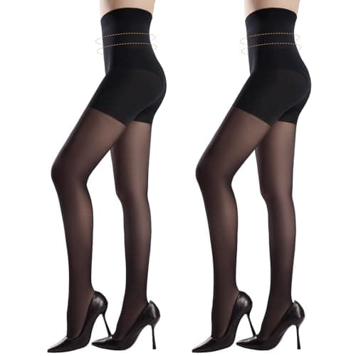 Image of Yilanmy 2 Pairs Tummy Control Tights for Women High Waisted Slimming Tights Sheer Shapewear Pantyhose(Black, M)