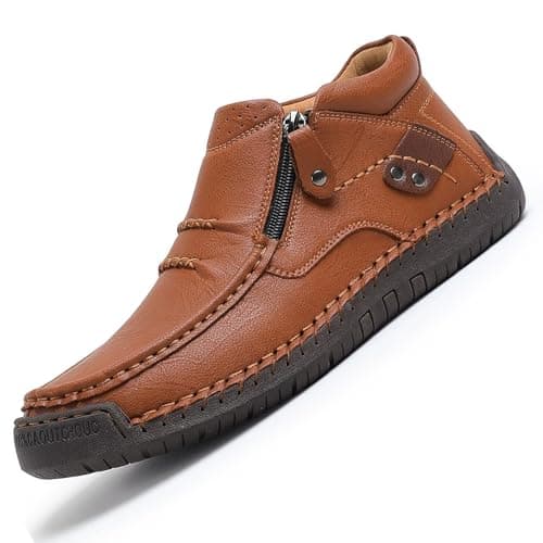 Image of Men's Slip on Orthopedic Leather Boots, Fall Outdoor Fashion Comfortable Handmade Driving Hiking Shoes with Side Zipper (9,Light Brown)