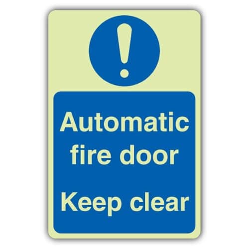 Image of V Safety Glow In The Dark Automatic Fire Door Keep Clear Sign - 200 x 300 mm - Made From Double Glow Rigid Plastic - Fire Safety Signage - Made in Britain