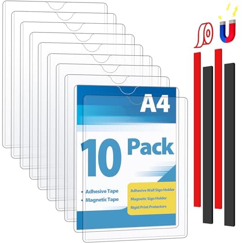 Image of VAIIGO A4 Wall Sign Holder Magnetic Frame, 10 Pcs Magnetic Sign Holder, Rigid Print Protectors with Adhesive and Magnetic Tapes, Wall Poster Display Plastic Paper Holder for Office, Home, Store