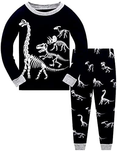 Image of Popshion Glow in the Dark Pyjamas Boys Dinosaur Pjs 100% Cotton Toddler 2 Piece Long Sleeve Sleepwear Kids Halloween Clothes Set Dino Shirt 5-6 Years