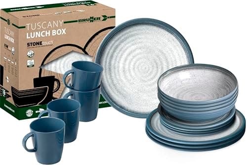 Image of Brunner Stonetouch Melamine Caravan Dinner Set, Anti Slip Outdoor Tableware Set, Lightweight Break Resistant Plates Bowls & Mugs - Camping, Motorhome, Picnic Dining Set (Tuscany, 16 Piece Set)