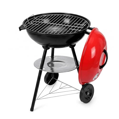 Image of FINE GARDEN BBQ Grill, 17" Kettle Charcoal BBQ Grill with Wheels & Lid, Portable Trolley Barbecue with Adjustable Vent, Ash Catcher & Storage Rack, Outdoor Garden BBQ (Red/Black)