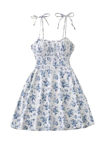 Image of GORGLITTER Women's Floral A Line Flowy Cami Mini Dress Tie Shoulder Ruched Holiday Sundress Blue and White X-Small