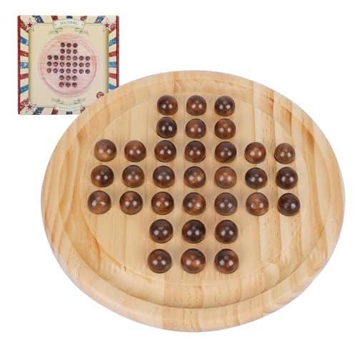 Image of Wooden Solitaire Game, Classic Handcrafted Rubber Wood Board Game Toy with 33 Smooth Wooden Ball, Strategic Game for Kids and Adults