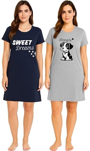 Image of iceBoo Womens (Pack of 2) Cotton Nightshirts Marl Grey Puppy Motif and Navy Sweet Dreams Design Short Sleeve Nightdresses Sleepwear, XJ42 - Size (8/10)