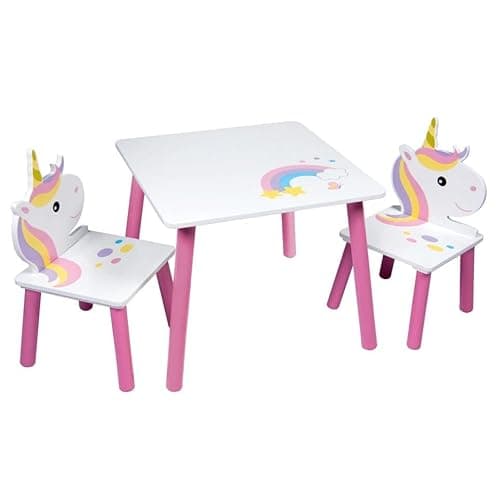 Image of URBNLIVING Kids Wooden Table & 2 Chairs Themed Set Furniture for Play Room Study Desk Toddlers Junior (Unicorn)