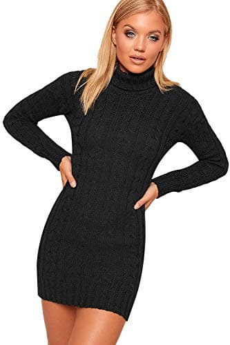 Image of WearAll Women's Polo High Neck Long Sleeve Cable Knitted Jumper Dress Ladies Bodycon Mini - Black - 8-10