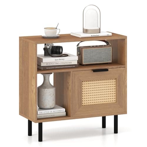 Image of COSTWAY Sofa Side Table, Boho Nightstand Bedside End Table with Rattan Door Cabinet, Storage Shelves and Metal Legs, Wooden Narrow Accent Couch Tea Tables for Small Spaces, Living Room, Bedroom