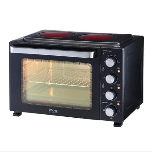 Image of Cooks Professional Mini Portable Oven with Ceramic Hobs | Energy Efficient Electric Countertop Cooker with Two Hot Plates & Wire Rack Baking Tray | Kitchen Grill Ovens | 34L Capacity | Black & Silver
