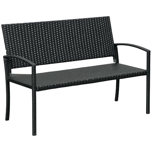 Image of Outsunny 2 Seater Poly Rattan Garden Bench, All Weather Wicker Garden Loveseat, Outdoor Seating Bench with 240 Load Capacity, Backrest and Armrests for Patio, Terrace, Balcony, Black