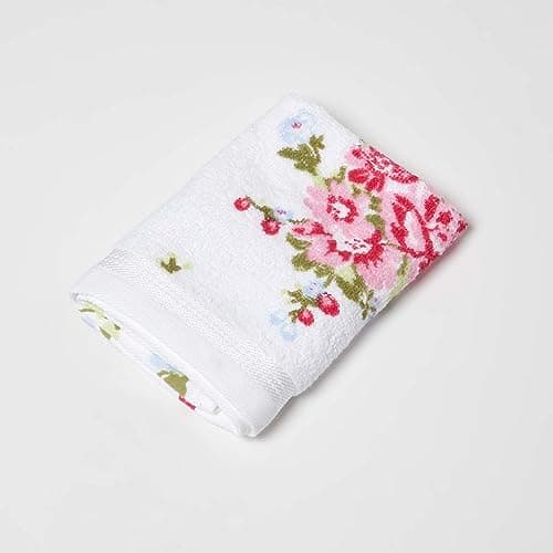 Image of HOMESCAPES 100% Portuguese Cotton White Floral Hand Towel Pink, Green and Pastel Blue Design
