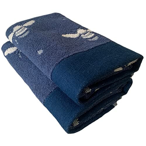 Image of Sue Rossi 100% Turkish Cotton Hand Guest Towels, Pack Of 2, Very Soft & Absorbent, Quick Dry 500gsm Thick, Bathroom Or Kitchen Utility Towel Set. (Navy Blue Bee)