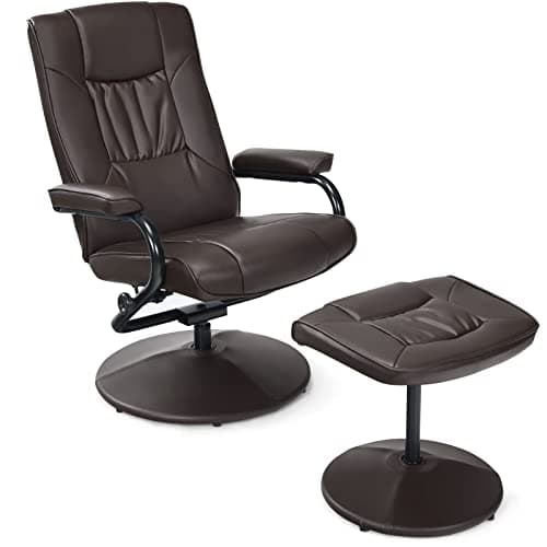 Image of COSTWAY Swivel Recliner Chair with Footstool, Faux Leather Executive Reclining Armchair Single Sofa Chair, High Back Leisure Padded Seat Lounge Chair for Living Room, Bedroom and Office (Brown)