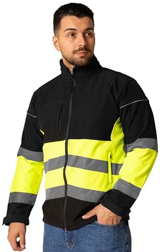 Image of Sam Caan® Hi Vis Softshell Jacket Men High Visibility Viz Reflective Water Resistant Shower Proof Rain Repellent Windproof Safety Site Coat Work Wear Builder Soft Shell Workwear Warm Top