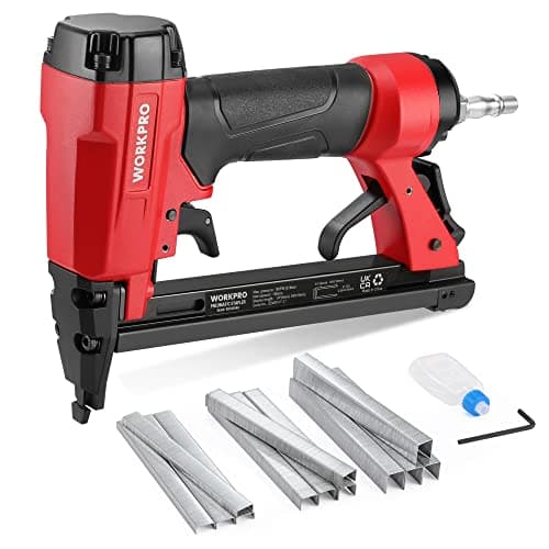 Image of WORKPRO Air Staple Gun with 1500pcs Staples(6mm-16mm), 21GA / Type 8016, Lightweight Pneumatic Stapler with Safety Nose, Ideal for DIY, Decoration, Furniture Making, Upholstery, Woodworking