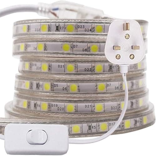 Image of GQL 11m 5050 LED Strip Yellow with Switch (80cm Cable), Mains Powered SMD 60LEDs/m Commercial Rope Light, IP65 Waterproof for Indoor/Outside Decoration UK Plug Supply