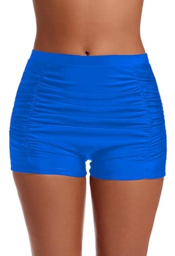 Image of Lovache Women's High Waisted Swim Shorts Ruched Boyleg Tummy Control Bikini Bottom Blue