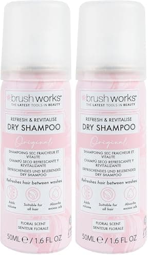Image of Brushworks Refresh & Revitalise Floral Dry Shampoo 50ml - Travel Size, No Rinse, Oil Absorbing Hair Refresher, Instant Volume, All Hair Types, Floral Scent, Vegan & Cruelty-Free (Pack of 2)