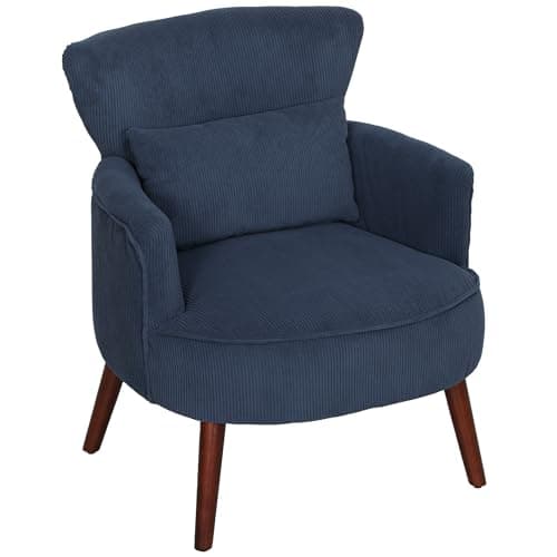 Image of HOMCOM Modern Armchair, Upholstered Corduroy Accent Chair with Thick Padded Seat, Lumbar Pillow, Rubber Wood Legs, Cuddle Chair for Living Room Bedroom Office, Blue