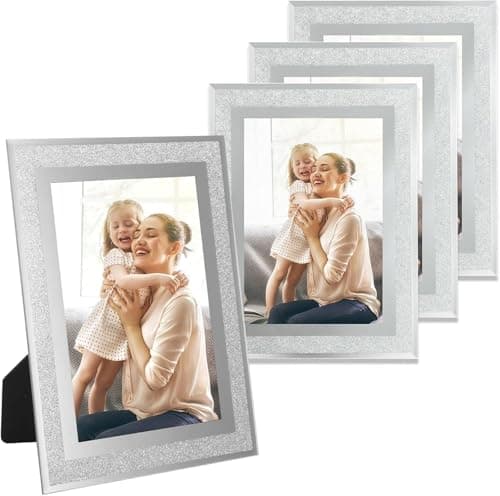 Image of Abaigeal 4 Pack 6 x 4 Inch Glass Photo Picture Frames, Glitter Picture Frame Crystal Picture Frame Wall Decor Mirror Picture Frames Decor for Graduate Wedding Home Table - Silver