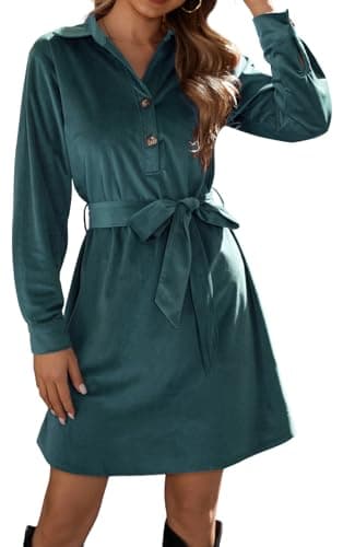 Image of Arevill Women's Shirt Dresses Long Sleeve Button Dress with Belt, Elegant A-Line V-Neck Tie Waist Blouse Dress Casual Business Dress for Office & Daily Wear Green