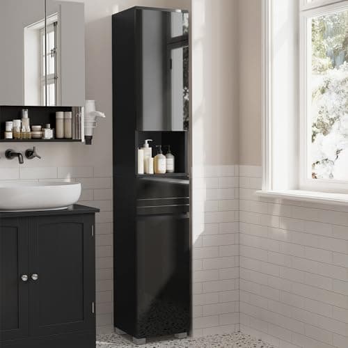 Image of VASAGLE Tall Bathroom Cabinet, Slim Storage Cabinet, Narrow Cupboard, Bathroom Storage Unit, with a Drawer, Adjustable Shelves, 30 x 30 x 170 cm, Ink Black BBC560B01