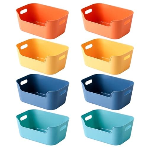 Image of Bncxdc Plastic Storage Basket, 8PCS Stackable Storage Box, Plastic Organizer Storage Baskets for Kitchen, Rectangular Storage Basket for Cupboard, Office, Bathroom, Clothes (4 Colors, 15.5x10.5x6 cm)